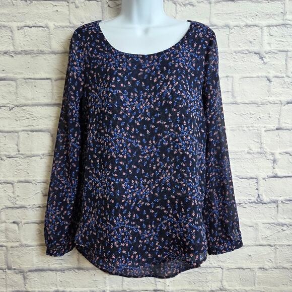 LC Lauren Conrad Blouse Womens Size Small Blue Floral Long Sleeve - Picture 1 of 12